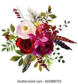 Watercolor Boho Burgundy Red White Magenta Floral Round Bouquet  Flowers And Feathers Isolated.