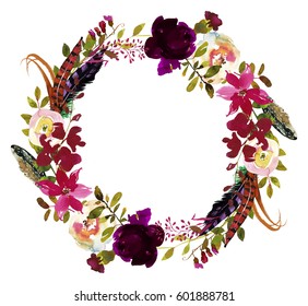 Watercolor Boho Burgundy Red White Floral Wreath Flowers And Feathers Oval Isolated.