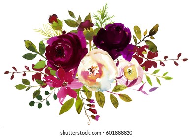 Watercolor Boho Burgundy Red White Floral  Bouquet  Flowers and Feathers Isolated.