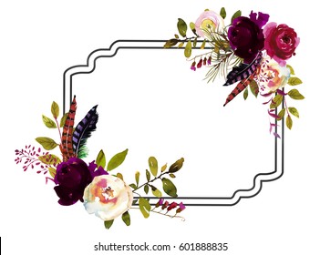 Watercolor Boho Burgundy Red White Floral Frame Flowers, Levaes And Feathers Isolated.