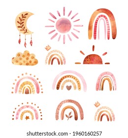 Watercolor Boho Clipart For Nursery Decoration With Cute Rainbows And Moon, Sun, Cloud. Doodle Hand Drawn Illustration.