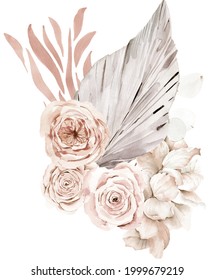 Watercolor Boho Dried Flower Clipart, Palm Boho Roses Bouquets Png, Tropical Logo With Dried Palms