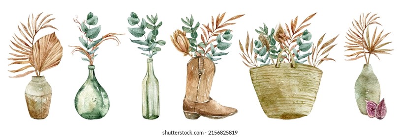 Watercolor Boho Dried Potted Flower Bouquet Illustration Isolated On White Background. Fall Floral Clipart For Wedding Invitation, Sublimation, Print, Poster, Wedding Decoration, Greeting Cards