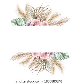 Watercolor Boho Exotic Border Beige Frame. Tropical Dried Palm Leafe, Roses, Pampas Grass Geometric Frame. Romantic Bohemian Floral Frame