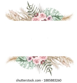 Watercolor Boho Exotic Border Frame. Tropical Dried Palm Leafe, Roses, Pampas Grass Geometric Frame. Romantic Bohemian Floral Frame