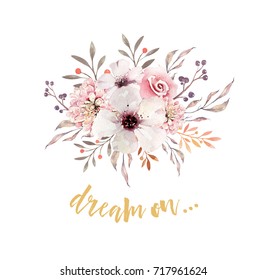 Watercolor Boho Floral Bouquets. Watercolour Bohemian Natural Frame: Leaves, Feathers, Flowers, Isolated On White Background.