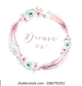 Watercolor Boho Floral Wreath. Bohemian Natural Frame: Leaves, Feathers, Flowers, Isolated On White Background. Decoration Illustration. Save The Date, Weddign Design, Valentine's Day