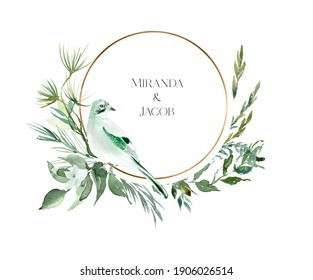 Watercolor boho greenery frame clipart, Woodland watercolor floral borders, Wedding frame with birds, roses and forest greens. Golden greenery frame