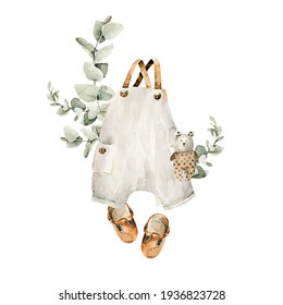 Watercolor boho nursery set. Hand painted cute clothes - baby boy romper, children accessories, eucalyptus leaves isolated on white background. Vintage illustration for design, print, baby shower