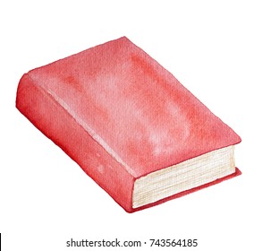 Watercolor book illustration. Red cover, closed, clean backbone, beige brown paper pages, aged scuff marks, view from above. Hand painted drawing, isolated on white background.
