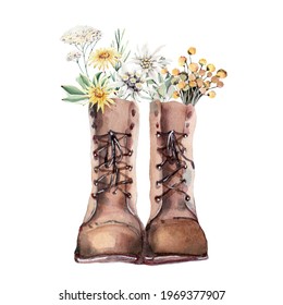watercolor boots with flowers illustrations. Perfect for cards, posters, logo.