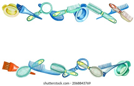 Watercolor Border With Barber Tools .White Background.
