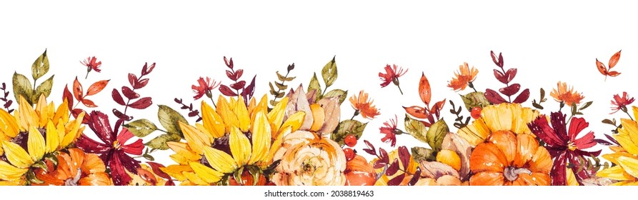 Watercolor border with bright autumn flowers. Sunflower, pumpkin, rose, eucalyptus, ranunculus. Botanical hand drawn illustration isolated on white background for wedding invitations, card - Powered by Shutterstock