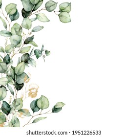 Watercolor Border Of Green And Gold Eucalyptus Branches. Hand Painted Card Of Plants Isolated On White Background. Floral Illustration For Design, Print, Fabric Or Background.