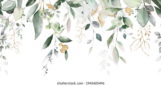 Watercolor Botanic, Leaf And Buds. Seamless Herbal Composition For Wedding Or Greeting Card. Spring Border With Leaves Eucalyptus