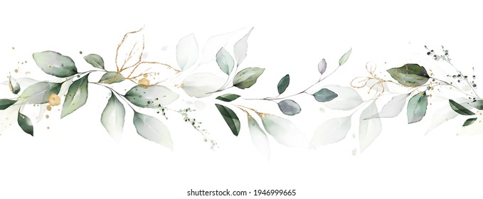 watercolor botanic, Leaf and buds. Seamless herbal composition for wedding or greeting card. Spring Border with leaves eucalyptus