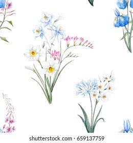 水彩植物花柄 壁紙の春 水仙の花 デイジーの白い背景に青のアキレジア 白い背景 のイラスト素材 Shutterstock