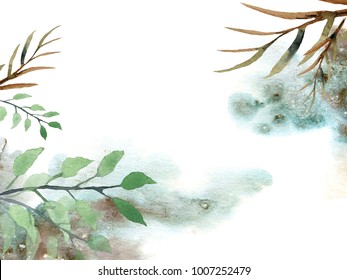 Watercolor botanical illustration. Branches and leaves on watercolor abstract green-brawn splash. Good for cards, invitation and books covers and decorations.