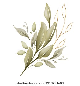 Watercolor botanical illustration floral bouquet and green branches  gold leaves  greenery