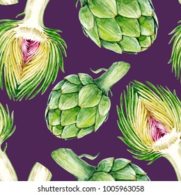 Watercolor Botanical illustration of a vegetable artichoke, vegetarian pattern on a purple background