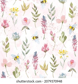 Watercolor botanical seamless pattern wild flowers and garden plants. Hand drawn leaves, pink flowers, herbs and natural elements. For decorations, scrapbooking, cards for birthday, party,baby shower. - Powered by Shutterstock