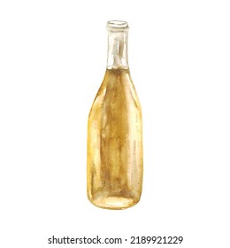 Watercolor Bottle Of White Wine Or Champagne Clipart Element Isolated On White Background. Hand Drawn Alcohol Beverage Illustration For Poster, Restaurant, Menu, Design. Drink Graphic.