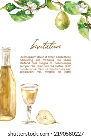 Watercolor Bottle Of Wine Or Champagne, Vintage Glass, Pear Fruits And Green Branches Template. Hand Drawn Botanical Backdrop With Beverage Clipart Element. For Menu, Restaurant, Poster, Banner.