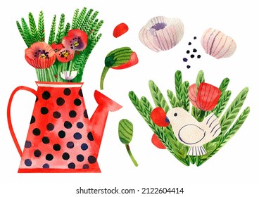 Watercolor Bouguet Set With Poppies. Flowrs And Buds.Watering Can With Polka Dots. Bird.