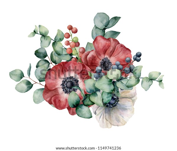 アネモネ ユーカリ ベリーを使った水彩ブーケ 白い背景に手描きの赤と白の花 緑の葉 ベリー 枝 デザイン 印刷 または背景のイラスト のイラスト素材 Shutterstock