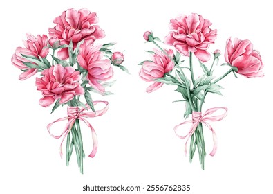 Watercolor bouquet of delicate pink peony flowers in full bloom with tied with a ribbon and a bow. Hand drawn illustration summer flowers botanical plant on isolated. For design invitations or card. - Powered by Shutterstock