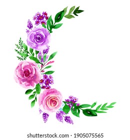 Watercolor Bouquet Of Delicate Purple Roses And Decorative Leaves