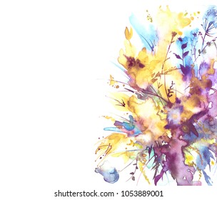 Watercolor bouquet of flowers, Beautiful abstract splash of paint, fashion illustration. Orchid flowers, poppy, cornflower, gladiolus, peony, rose, field or garden flowers.On a white background. 