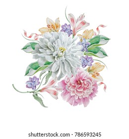 水彩花束鲜花 菊花牡丹插图 手绘 库存插图