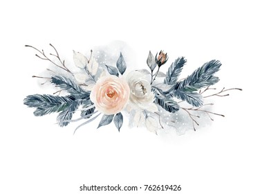 Watercolor Bouquet With Flowers And Fir Branches. Winter Composition. Element For Design