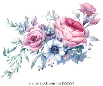 Watercolor bouquet of flowers. Hand painted colorful floral composition isolated on white background. Vintage style peony, roses, anemone, berries and leaves posy. - Powered by Shutterstock