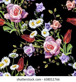Watercolor Bouquet Flowers Of Meadow Seamless Pattern On A Black Background.