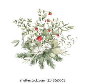 Watercolor bouquet with green forest leaves, strawberries, fir branches, flowers. Wild bouquet isolated on white background. Aesthetic illustration for wedding, cards, promo. Blossom nature