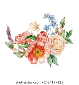 Watercolor bouquet of peonies, forget-me-not, ranunculi and leaves. Hand painted card of floral elements isolated on white background. Holiday flowers Illustration for design, print or background. - Powered by Shutterstock