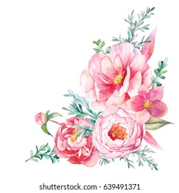 Watercolor bouquet of pink flowers. Hand painted colorful floral composition isolated on white background. Vintage style peonies, rose, hellebore and eucalyptus leaves posy.