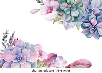 Watercolor bouquet of pink flowers, leaves, feathers and succulents,  floral compositions for invitations, greeting cards, covers and other items.