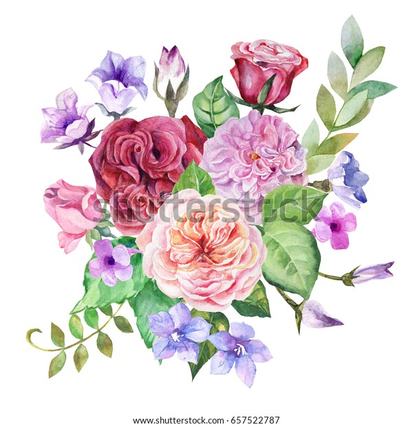 バラと花の水色のブーケ のイラスト素材