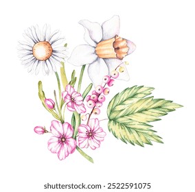 Watercolor bouquet of spring flowers. Watercolor pink bouquet for logo, business cards, social networks, menu, banners, advertising, fabrics, wallpapers, textiles, etc. - Powered by Shutterstock