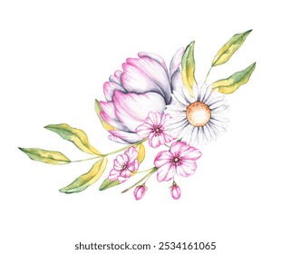 Watercolor bouquet of spring flowers. Watercolor pink bouquet for logo, business cards, social networks, menu, banners, advertising, fabrics, wallpapers, textiles, etc. - Powered by Shutterstock