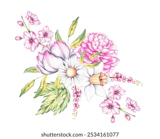 Watercolor bouquet of spring flowers. Watercolor pink bouquet for logo, business cards, social networks, menu, banners, advertising, fabrics, wallpapers, textiles, etc. - Powered by Shutterstock