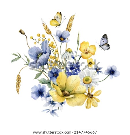 Watercolor bouquet summer wildflowers. Festive illustration with wild flowers and butterflies for printing or your design. Support and peace for Ukraine.