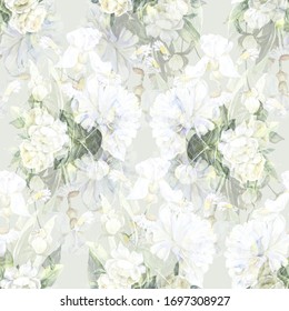 Watercolor bouquet white flowers on light green background. Different spring flowers for wedding and fabric.
