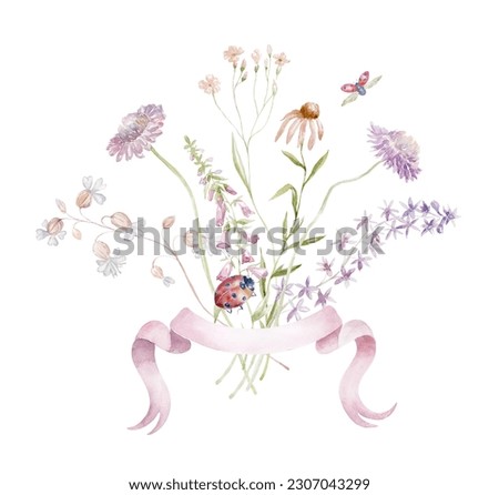 Watercolor Bouquet with Wildflowers. Pink Plants. Design for Card on the white Background.