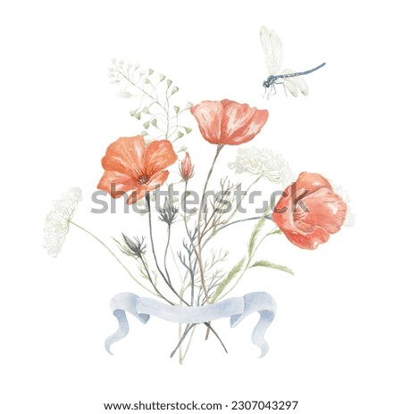 Watercolor Bouquet with Wildflowers. Red Poppy Plants. Design for Card on the white Background.