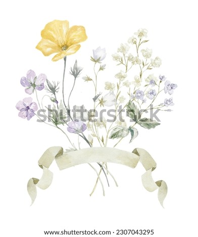 Watercolor Bouquet with Wildflowers. Yellow Poppy Plant. Design for Card on the white Background.