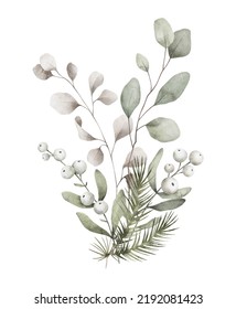 Watercolor Bouquet With Winter Wild Plants. Eucalyptus Leaves, Branches, Mistletoe, Pine. Elegant Ethereal Nature, Floral Arrangements